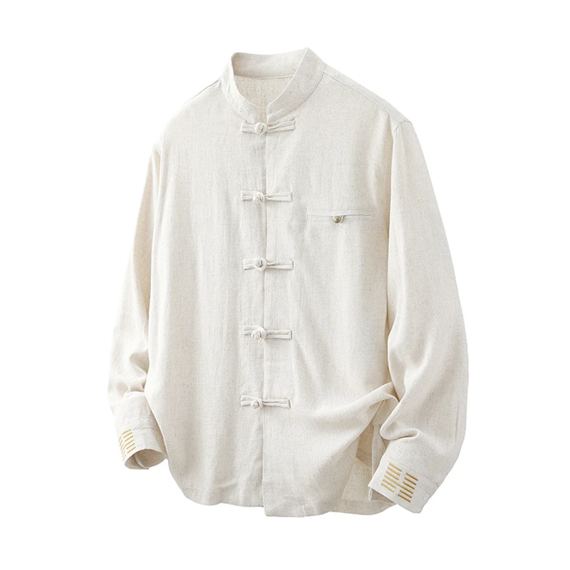 Chinese Style Men Long Sleeve Casual Shirt New Arrival 2026 Spring Vintage Stand Collar Cotton Linen Loose Male Tops Shirts N098