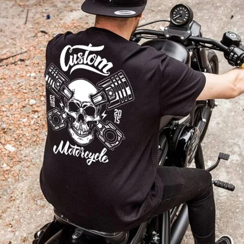 

American Locomotive May Khaki Print Men's Short Sleeve T-shirt Rock Skull American Retro Harley Motorcycle Trend Locomotive