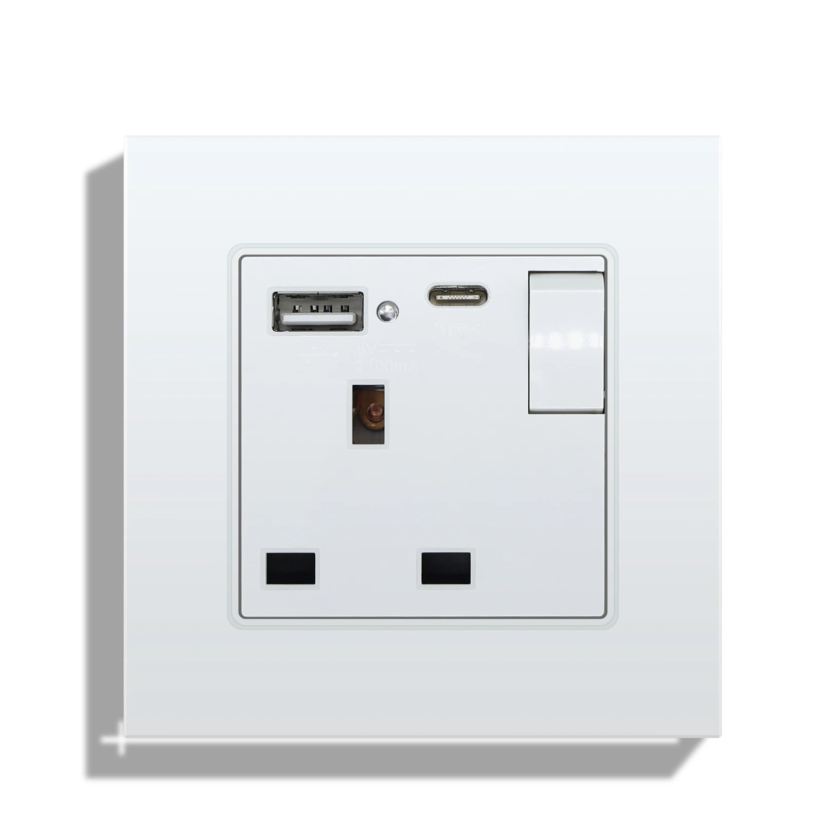 BSEED Single Wall Socket Type-c Dual USB 2.1A Power Outlets UK Standard Plug Glass Frames On OFF Button 13A 146mm