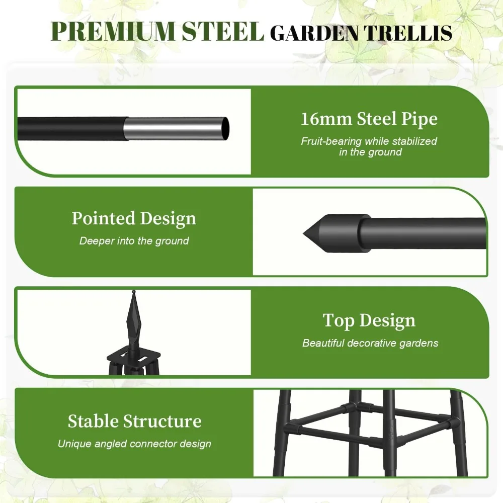 6 FT Obelisk Trellis for Climbing Plants, Garden Trellis with Thickened Plastic-Coated Metal Pipes, Outdoor & Indoor Plant Support, Black - view 3