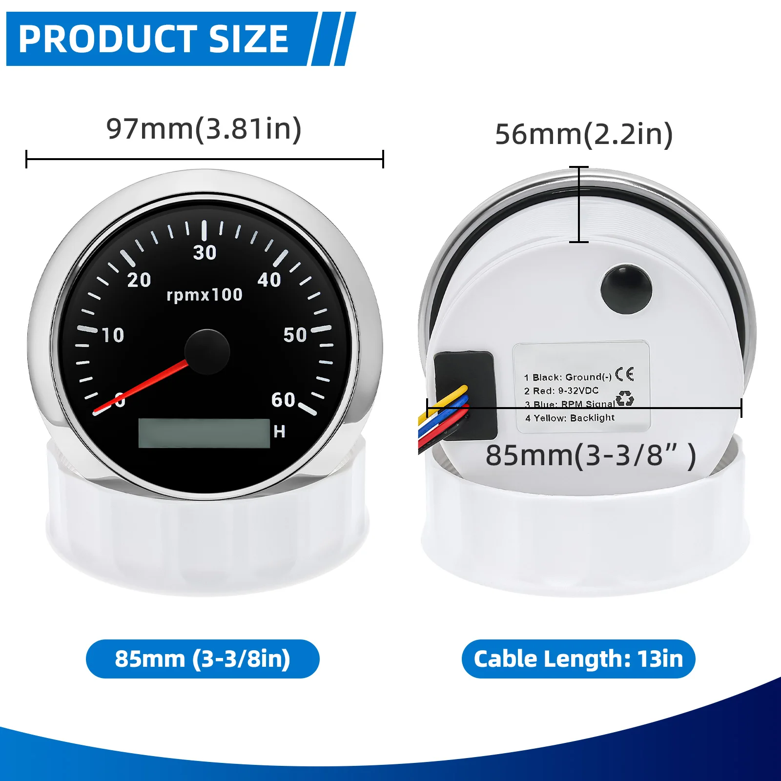 85MM Tachometer with LCD Hour Meter For Marine Boat Car RPM Gauge 8000rpm 6000rpm RPM Meter Tach Gauge 7 Colors LED Backlight