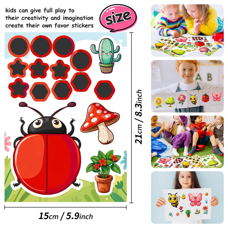 Autocollants de puzzle de dessin animé pour enfants, bricolage, plantes, fleurs, insectes, papillon, visage fait à la main, artisanat, cadeaux pour garçons et filles