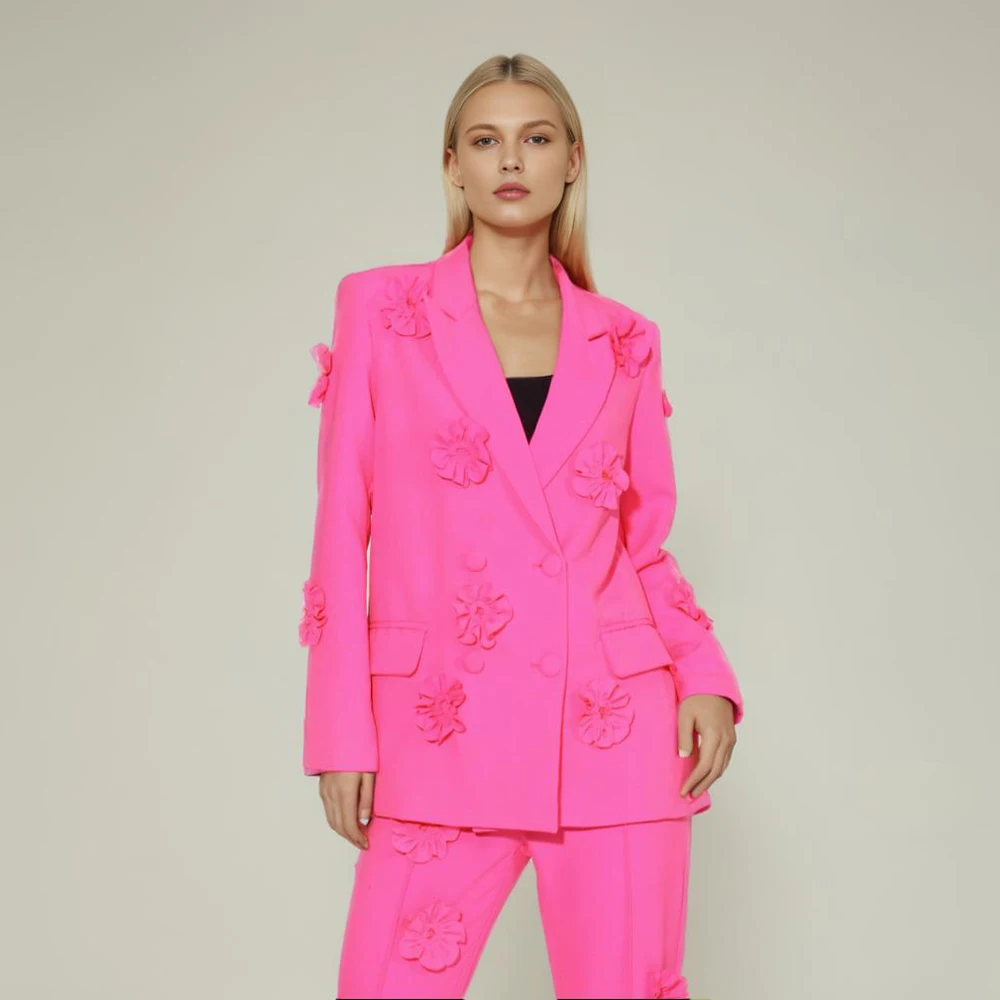 

Slimming Spliced Appliques Temperament Blazers For Women Notched Collar Long Sleeve Elegant Solid Coat Female New