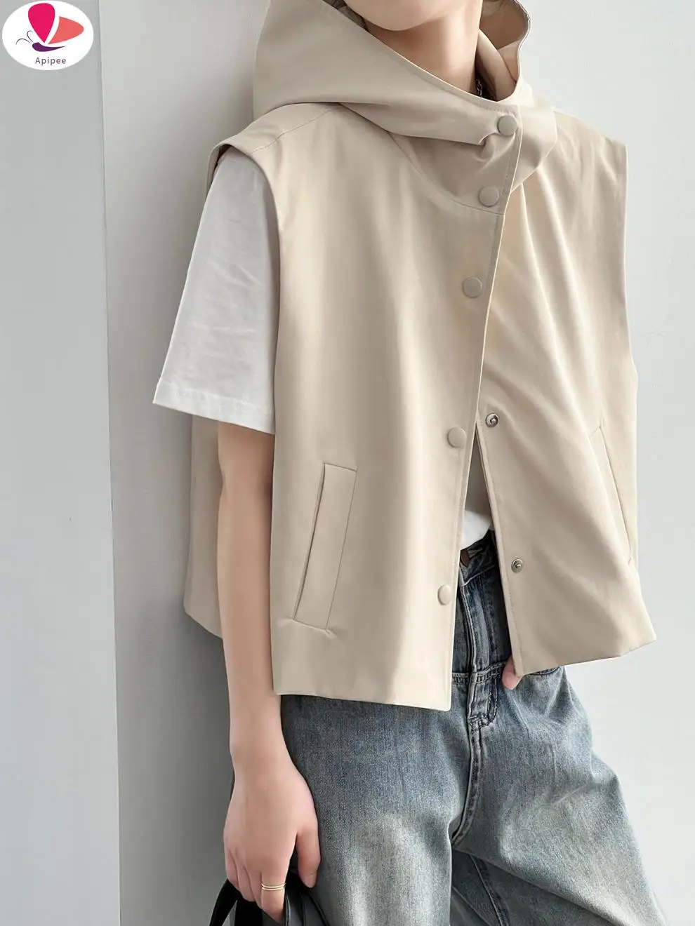 APIPEE Sleeveless Vests for Women Casual Hooded Top 2024 Cardigan Korean Version of The Shoulders Section Sleeveless Jacket