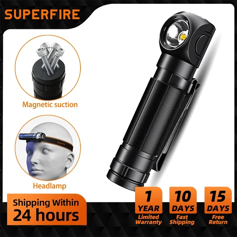 SUPERFIRE LED 고출력 헤드램프, USB 충전식, 90 ° 헤드라이트 토치, 미니 방수 표시기, 자석 테일 손전등, 최신 