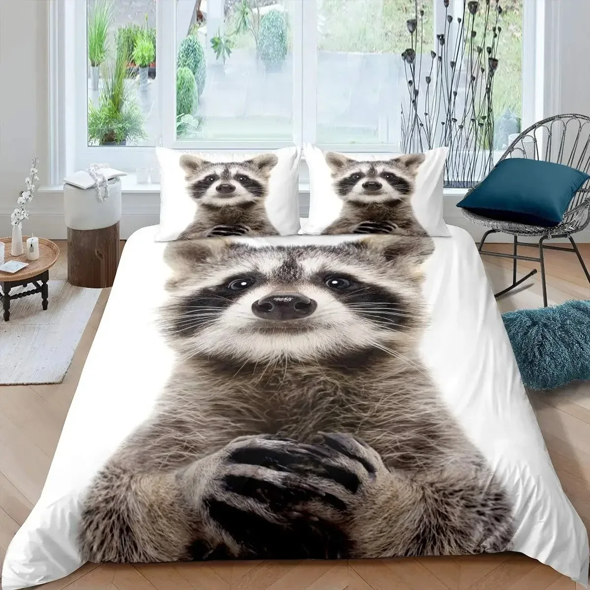 

Raccoon Duvet Cover Set Cute Animal Theme Bedding Set Nature Owl Comforter Cover Wildlife Style King Size Polyester Quilt Cover