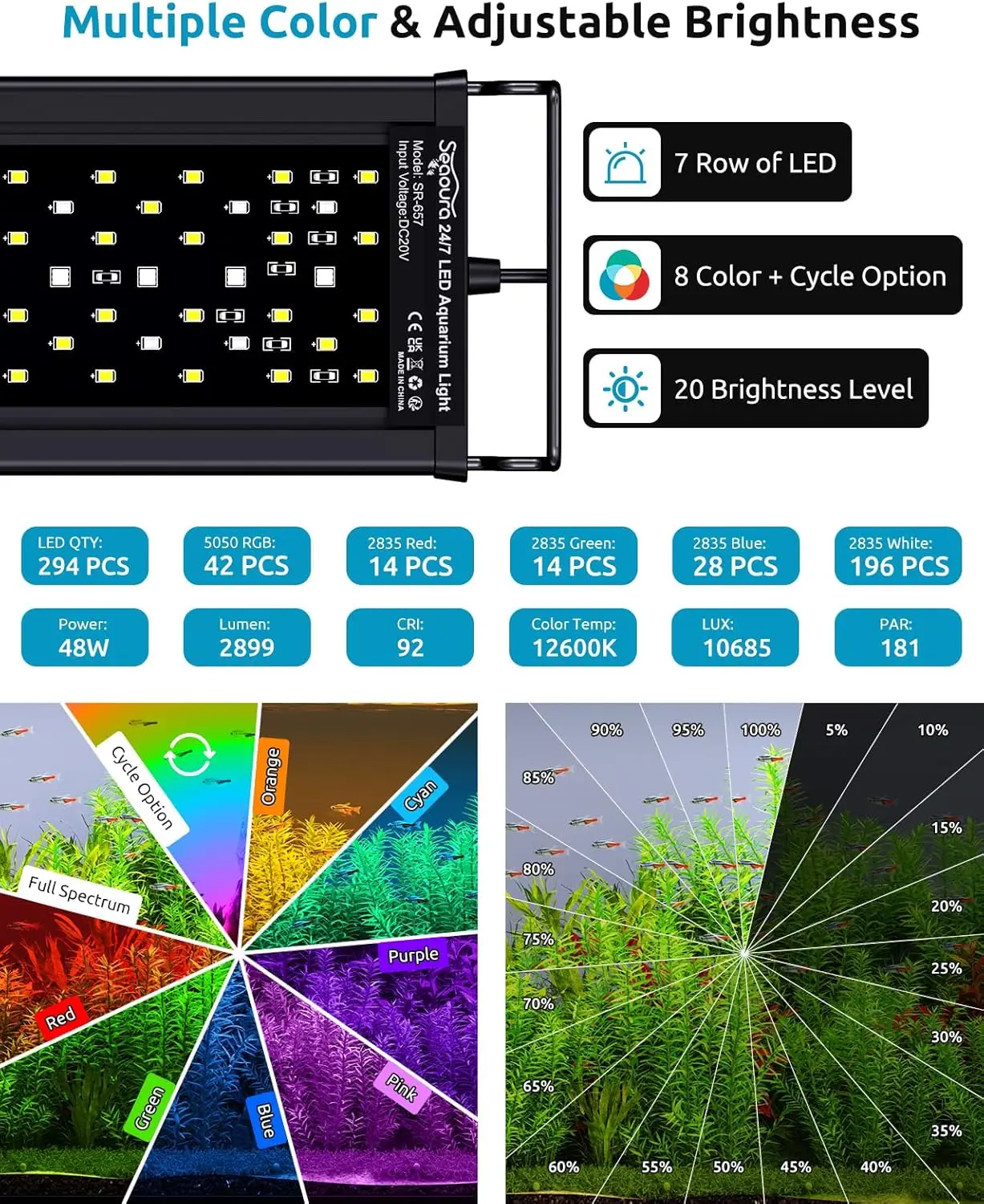 Full Spectrum Aquarium Plant Light with Timer, 48-54in LED, 7 Rows 8 Colors, Adjustable Brightness for Freshwater