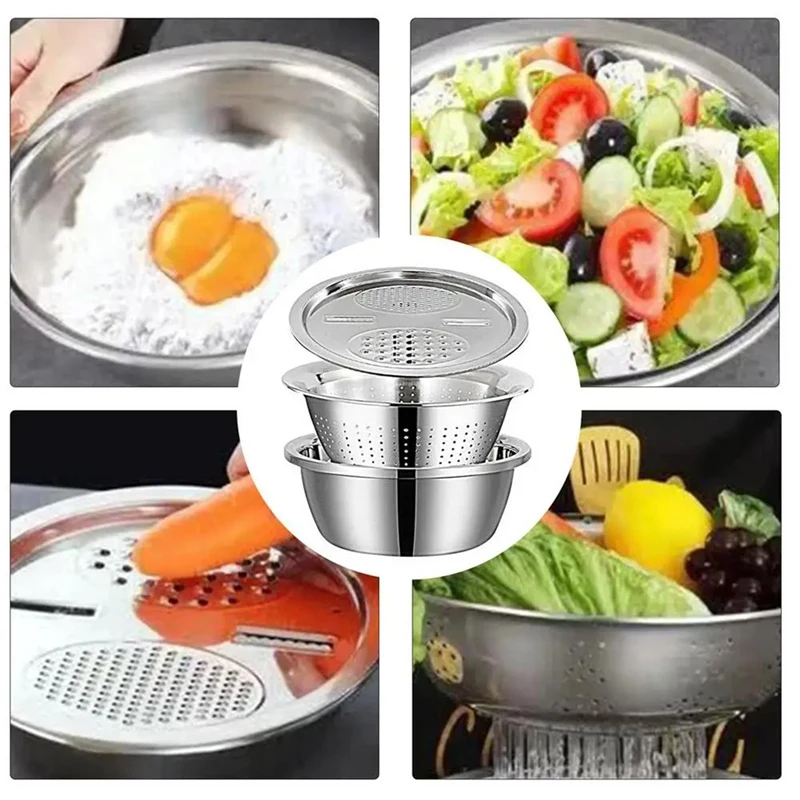 ABVJ-Multifungsi Stainless Steel Basin Alat Pengiris Sayuran Parutan Pengeringan Keranjang Salad Beras Mesin Cuci Drain Colander