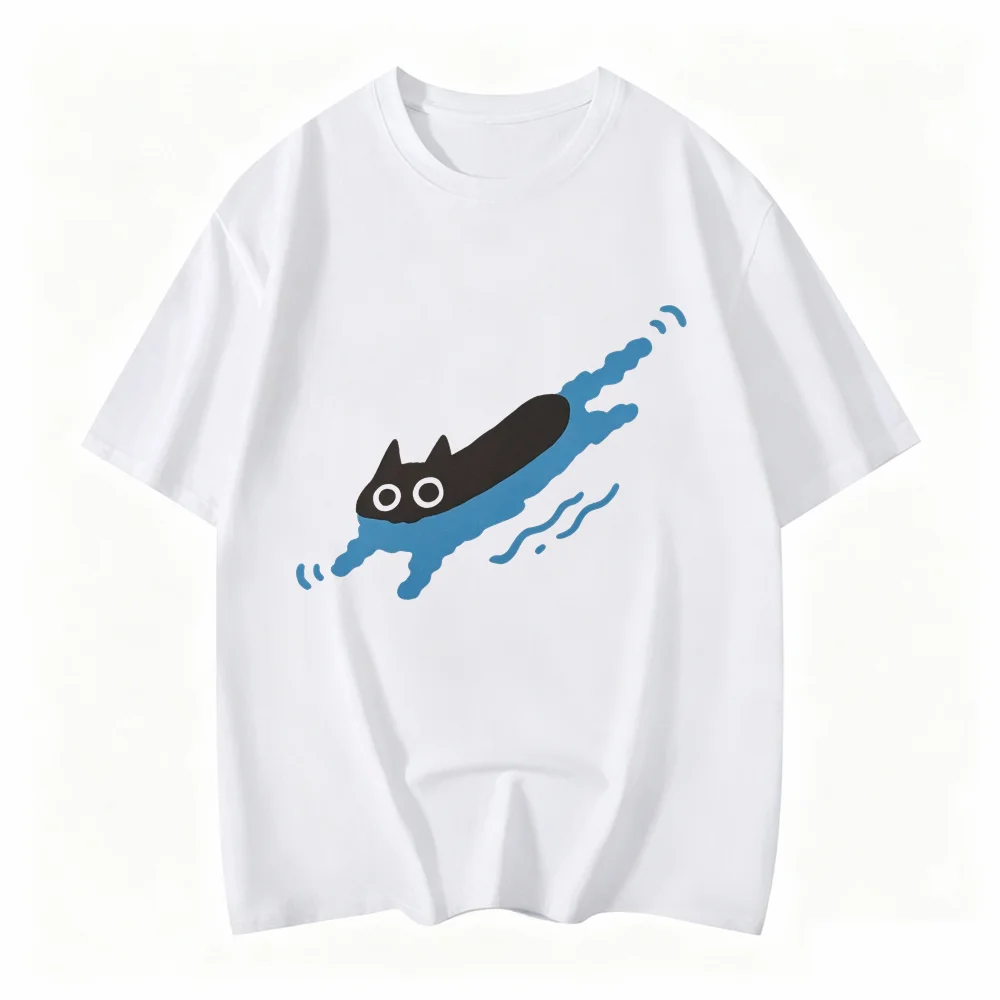 WomanTees Swimming Black Cat Diving Shoulder Short Sleeved T-shirt for Women Breathable Casual Creative Summer Clothing Tops