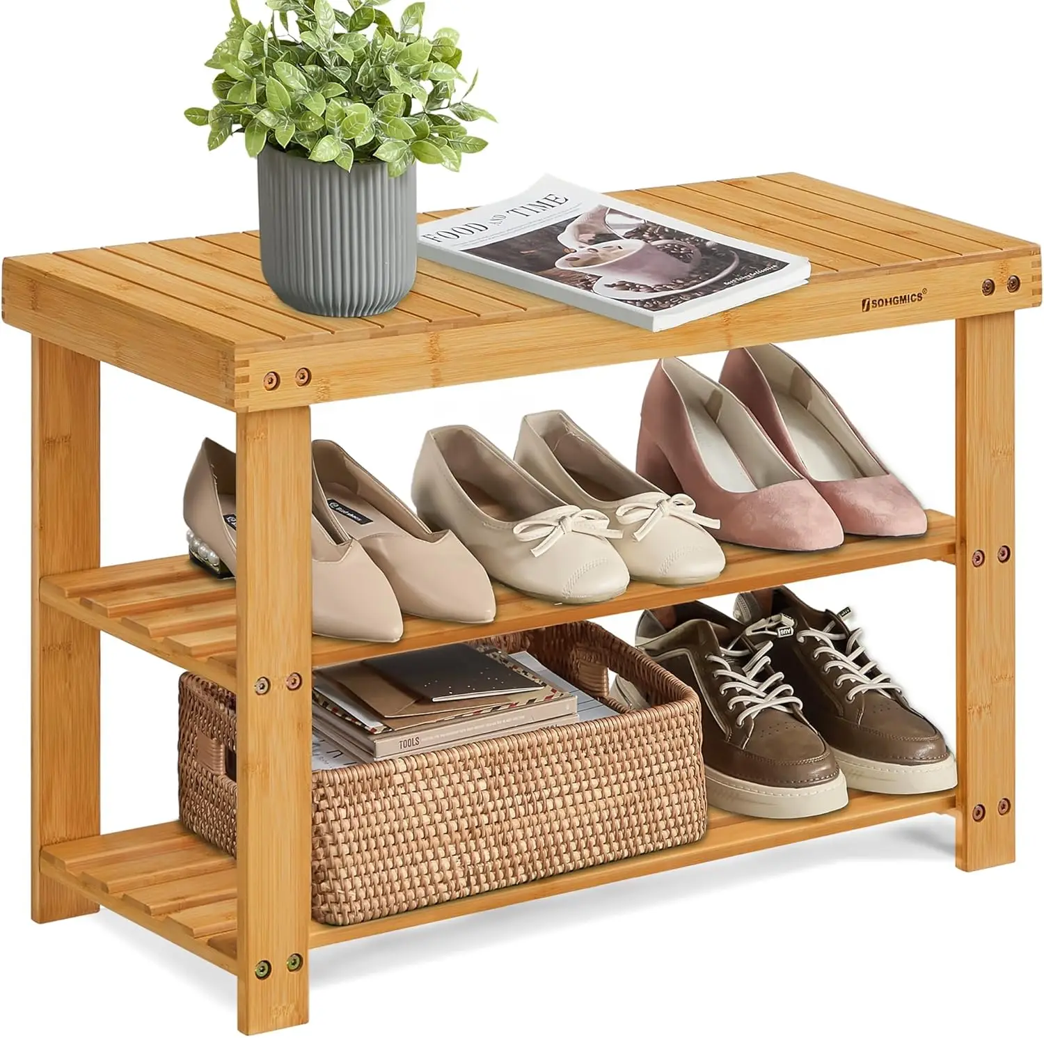

3-Tier Bamboo Shoe Rack Bench, Entryway Storage Organizer Holds 286 lb, for Bathroom Bedroom
