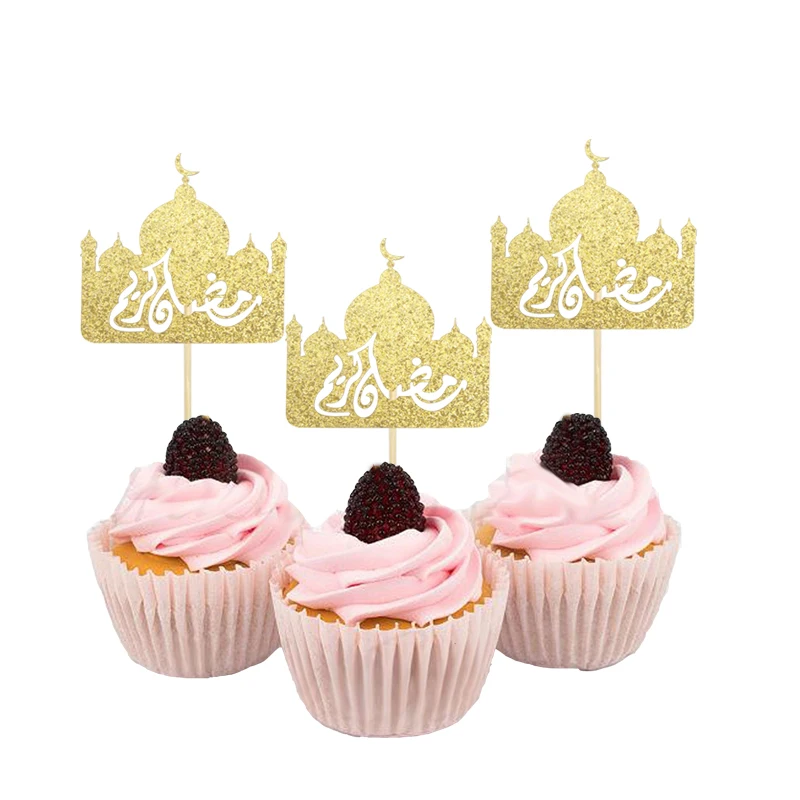 10Pcs Gold Eid Mubarak Star Moon Castle Cake Toppers Islamic Moslin Festival Party Ramadan Kareem Decorative Articles