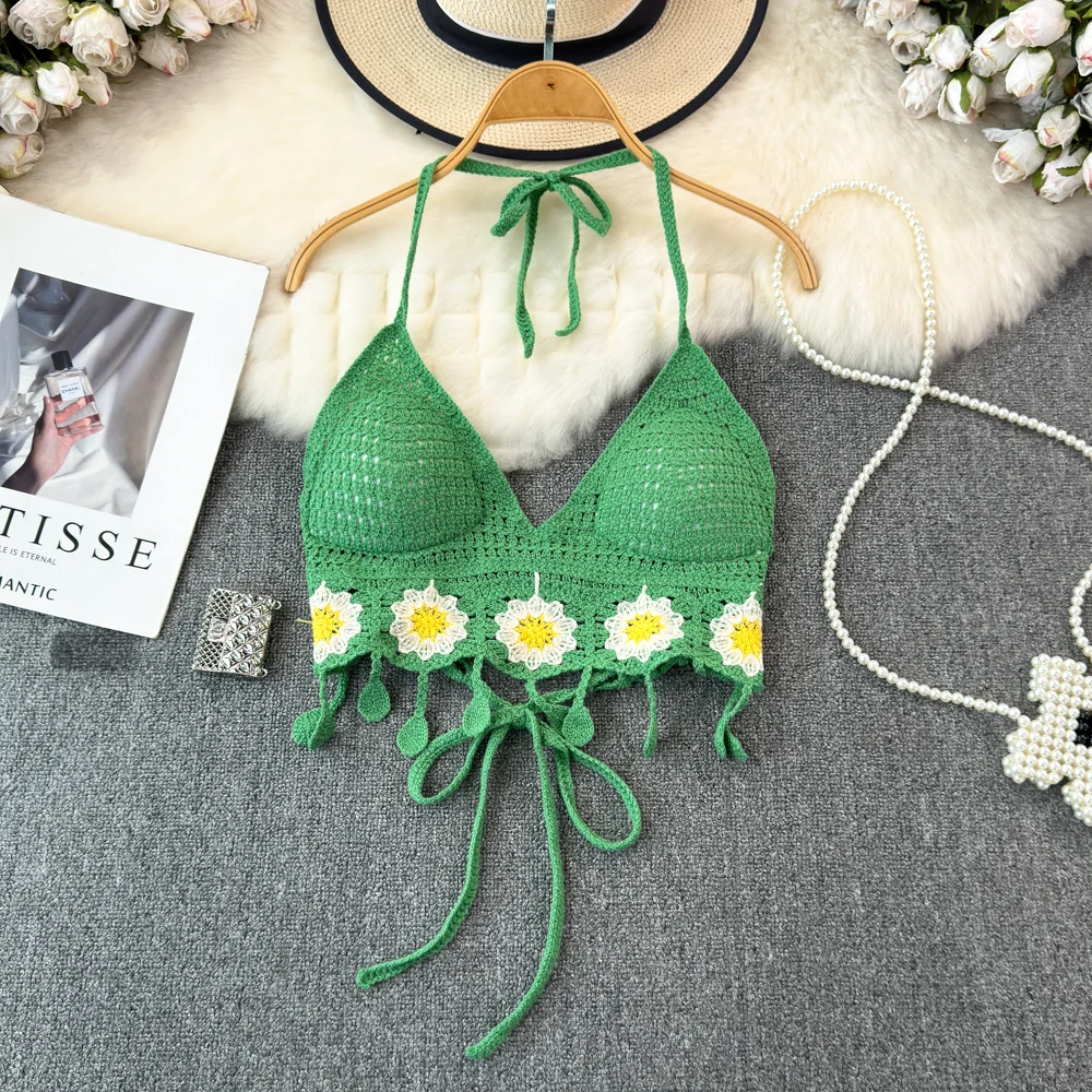 

Crochet Hook Sleeveless Bohemian Style Vest Retro Embroidered Knitting Crop Tops Ethnic style Flower Female Camisole Beach