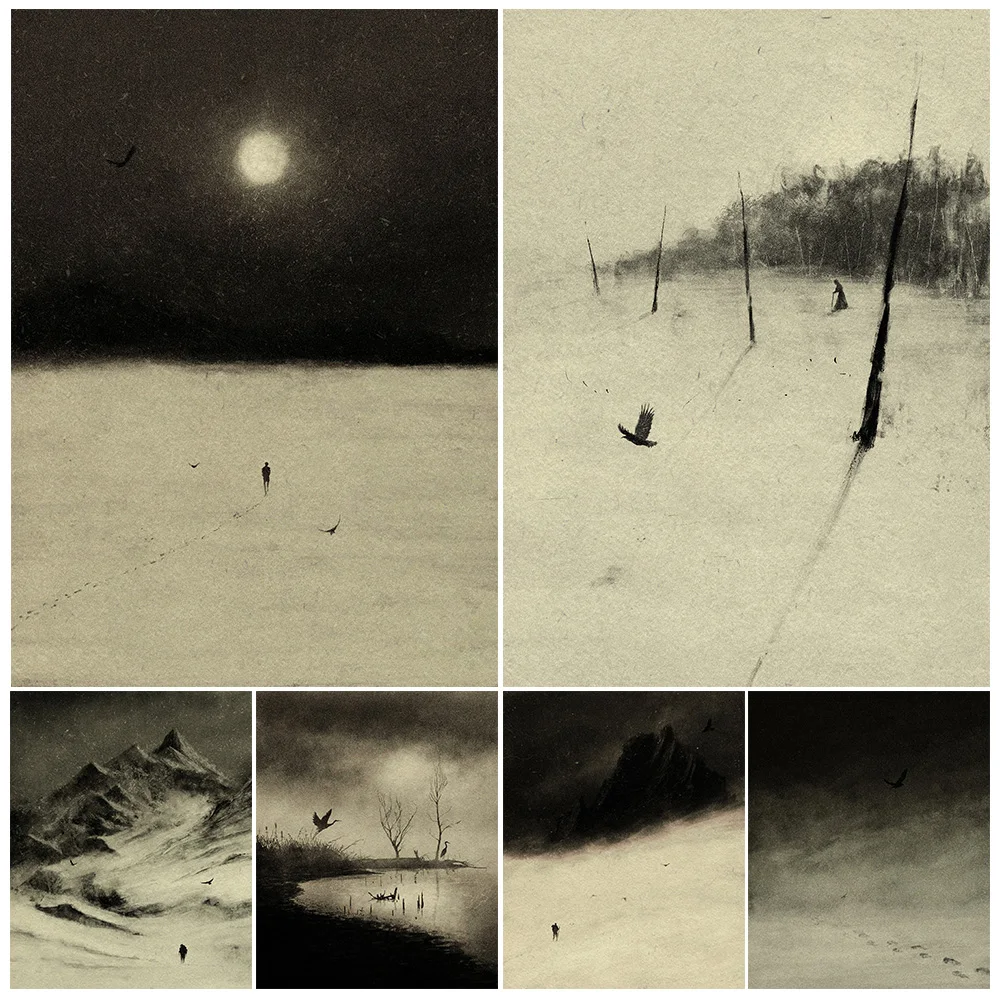 Lonely Figure In Snowy Mountain,Vintage Wall Art Canvas Painting,Modern Simple Pencil Drawing Art Poster Print Home Decoration