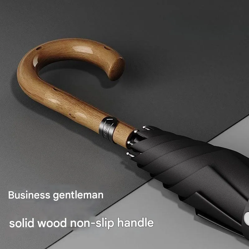 Solid Wood Hook Handle Sun Umbrella Automatic Men's Business British Style Reinforced Wind-resistant Car Portable Umbrella