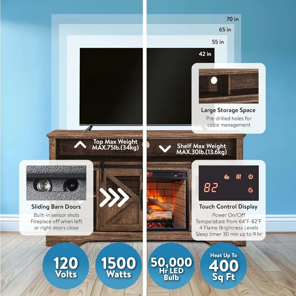 Soporte para TV con chimenea eléctrica de 60 pulgadas, centro de entretenimiento con control remoto, consola de madera para TV con función de chimenea moderna