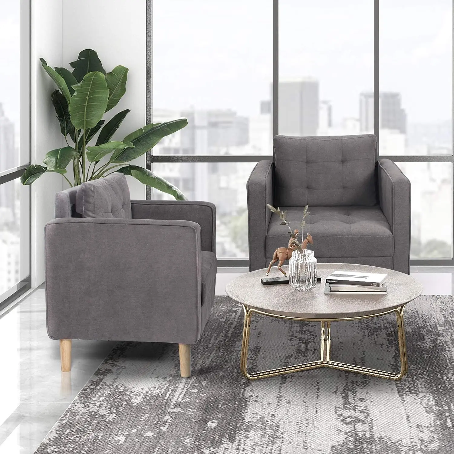 Fabric Accent Chairs Set 2 , Mid Century Armchair for Living Room, Grey | Reading Chair, Single Sofa, Office Chair, Comfy Uphols