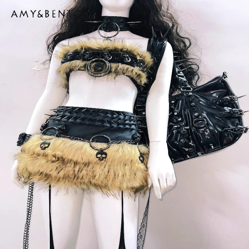 

Punk Dark Design Rock Fur Integrated Women's Suit Autumn Winter New Stage Performance Outfit Sexy Tube To Short Skirt Set Ladies