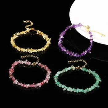 JD天然石材碧璽紫水晶岩石英晶體碎石珠手鍊女士療癒脈輪可調式鏈條首飾 8 最佳銷售 石英手鍊 - №7