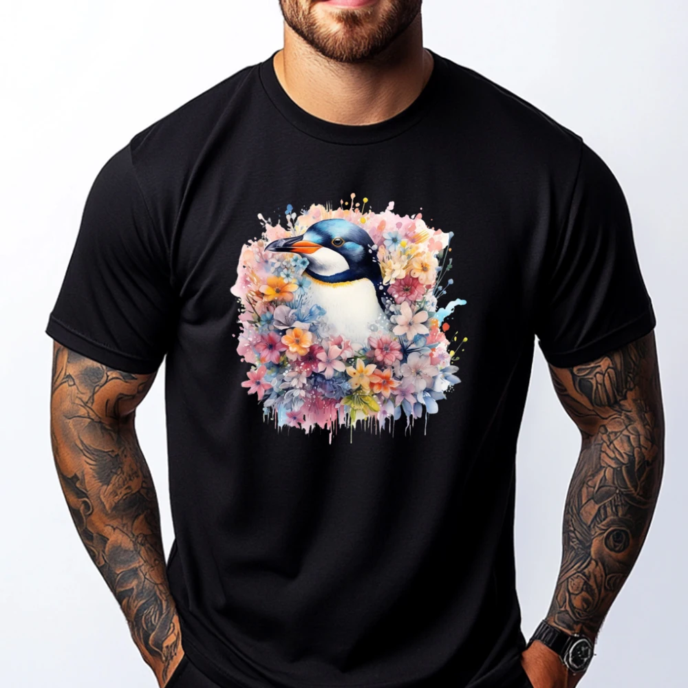 

Cute Penguin Art Floral Watercolor Painting Mens Korean Fashion Skin-Friendly New In Tops And T-Shirts Letter