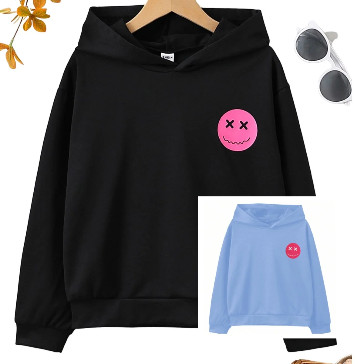 Spring and autumn Children\'s girls Academy style loose black hoodie letter smiley face hot, hooded long sleeve cute sweet top