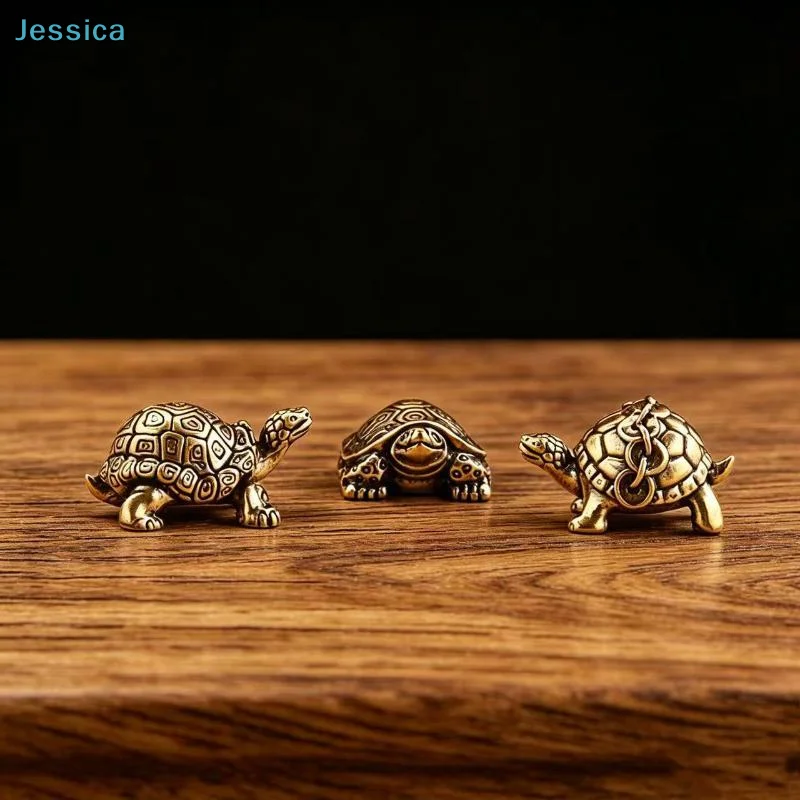 〔S〕Solid Brass Mini Turtle Figurine Vintage Tea Pet Decor For Desk, Tea Table & Micro-Landscape Accent Desk Fengshui Ornament