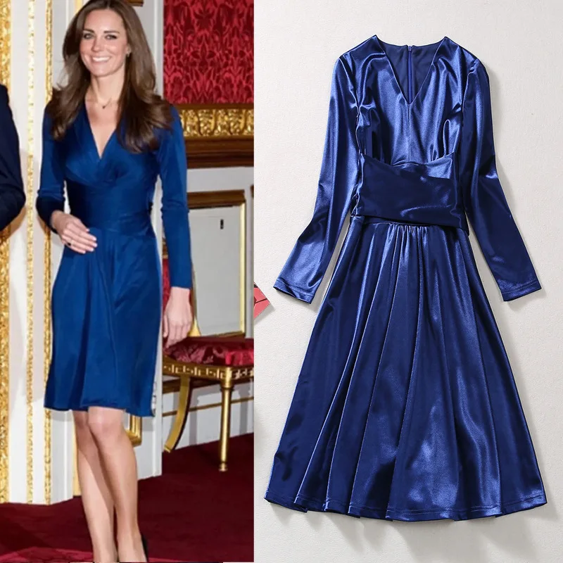 

Women Long Sleeve V-Neck Dress Princess Kate Solid Sheath Dress