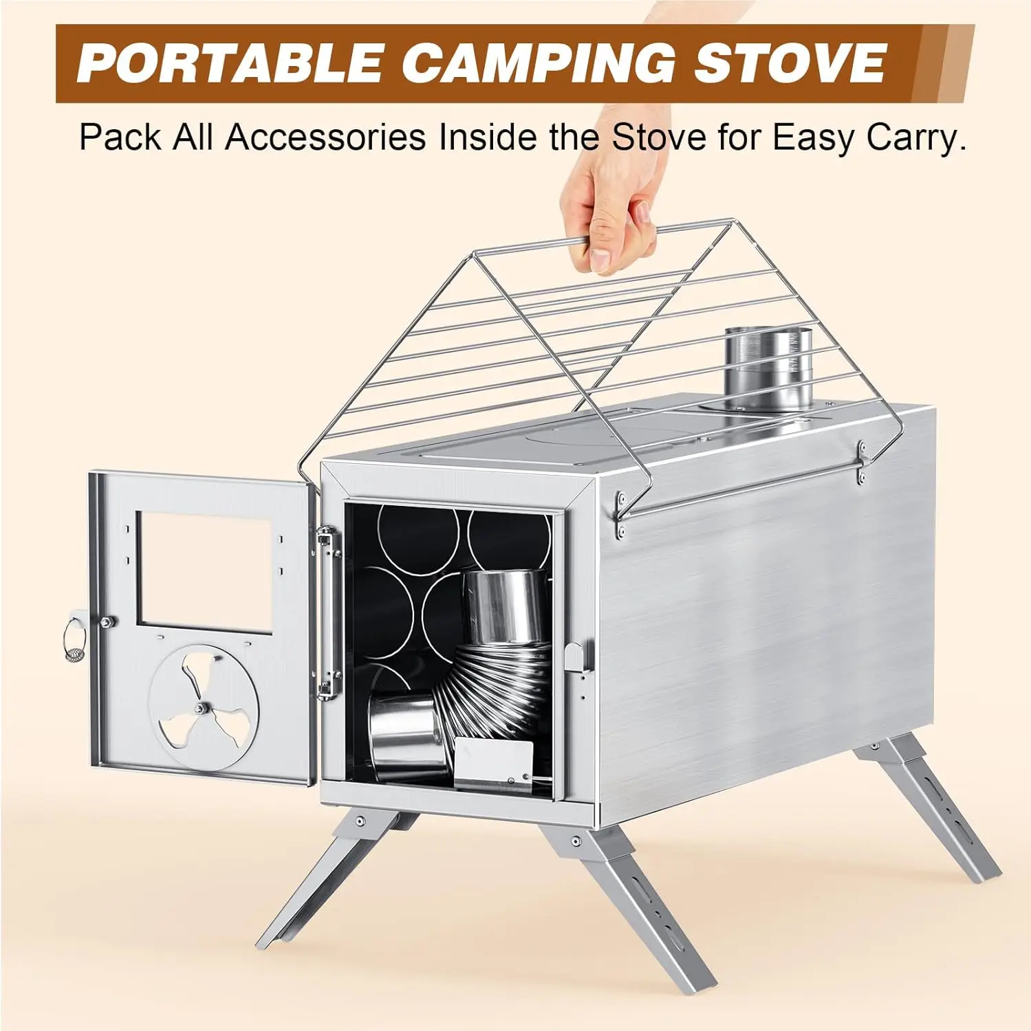 Stove, Camping Wood Stove for Tent, Portable Stainless Steel Wood Burning Stove with 7 Chimney Pipes for Wall Tent Camp