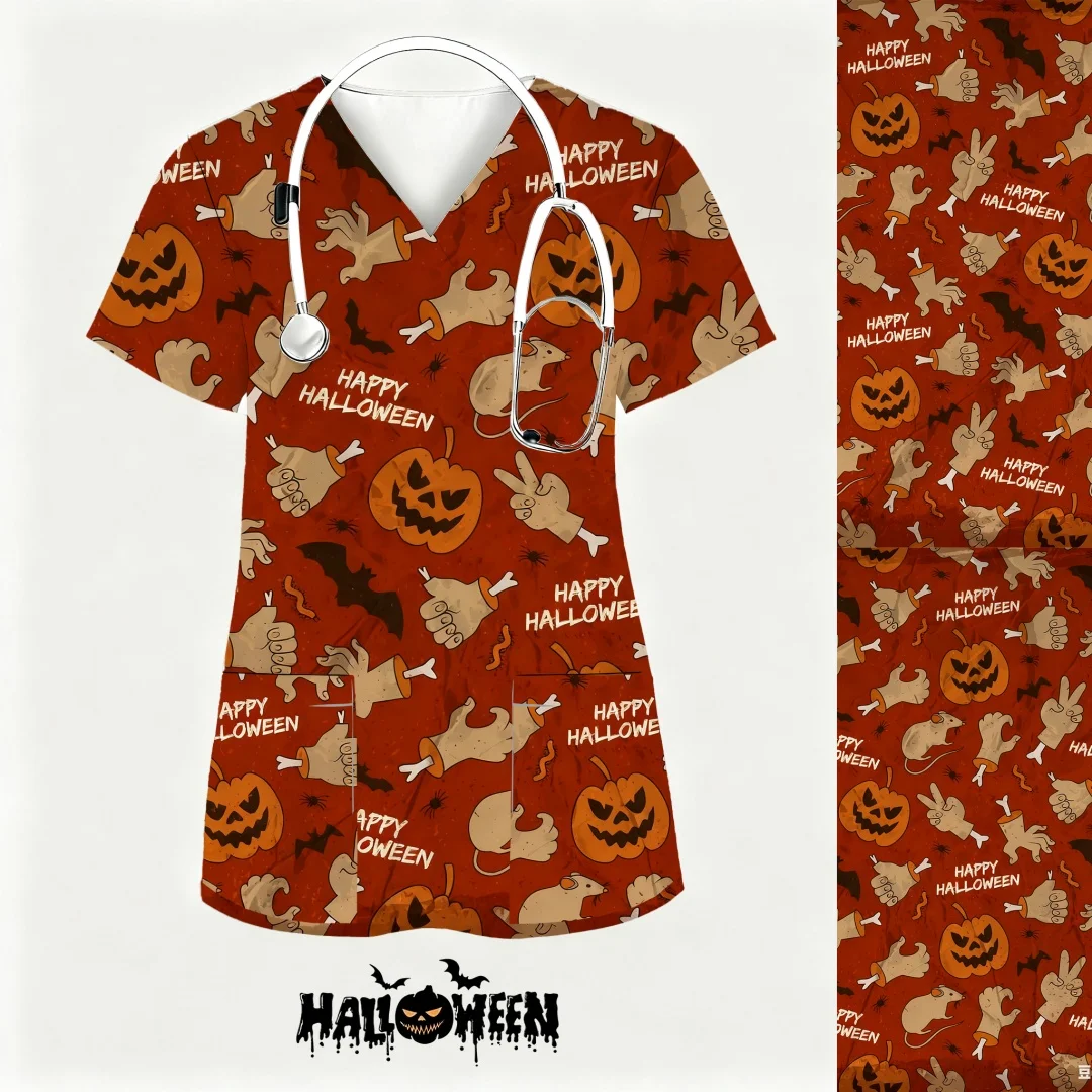 ハロウィン手術用ユニフォーム女性かわいいプリントカボチャ付きナース制服女性看護制服作業服制服メディコス