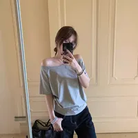 Gray Shoulder-baring T-shirt Women's Summer New Style Spicy Girl Pure Desire Loose Casual Simple Black Top Design Sense