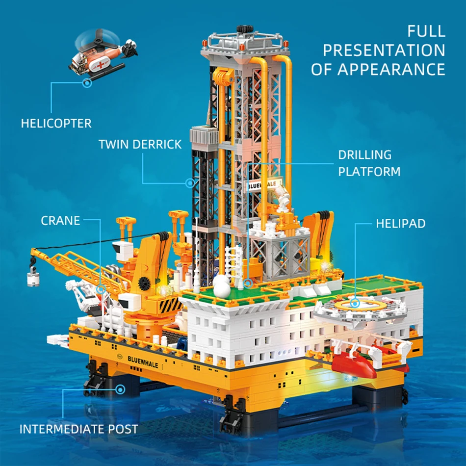 3271Pcs Blue Whale No. 1 Offshore Oil Drilling Platform Building Blocks Set with LED Assembly Bricks Educational Toys Kids Gifts