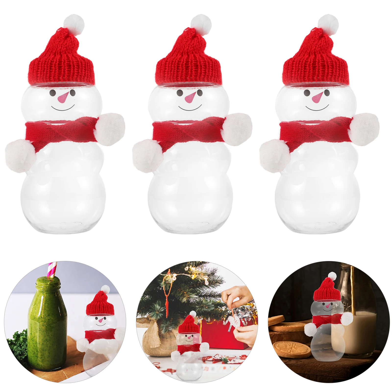 

6 set Snowman Bottles Xmas Drink Sealing Cap Leak Proof Milk Juice Water Reusable Plastic Christmas Beverages Kitchen Bar Tools