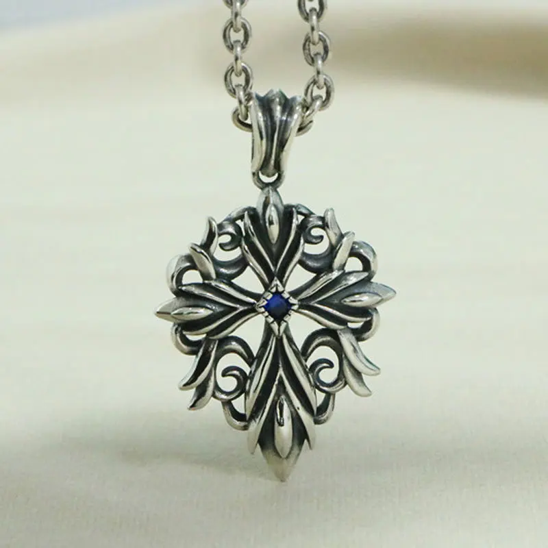 

Punk trend, handsome men, pure silver cross, blue diamond pendant, retro hollow flame pendant necklace