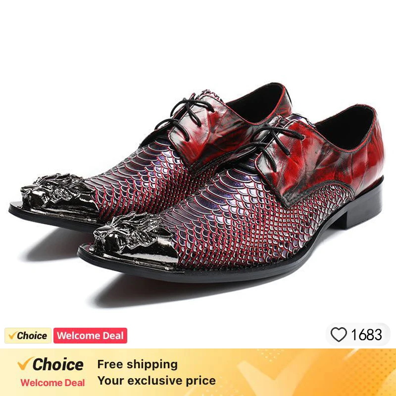 

Luxury Brand Men's Formal Shoes, Red Snake Patterned Genuine Leather Pointed Toe Dress Shoes, Handmade Wedding & Party Shoes