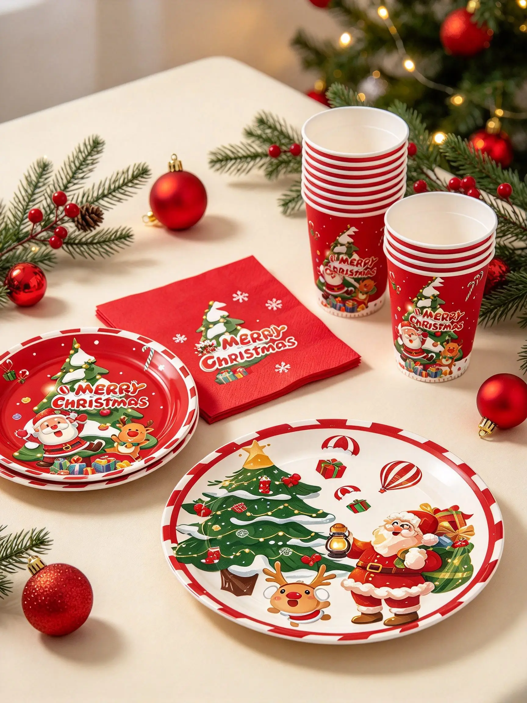10/40/50/60/80Pcs Christmas Paper Tableware Set, Santa Xmas Tree Print Plates Cups Napkins, Xmas Party Table Decor