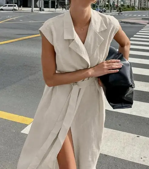 

2025 Spring/summer Fashion New Long Skirt Latest Hot Selling Elegant Temperament Cotton Linen Suit Collar Belt Commuting Dress