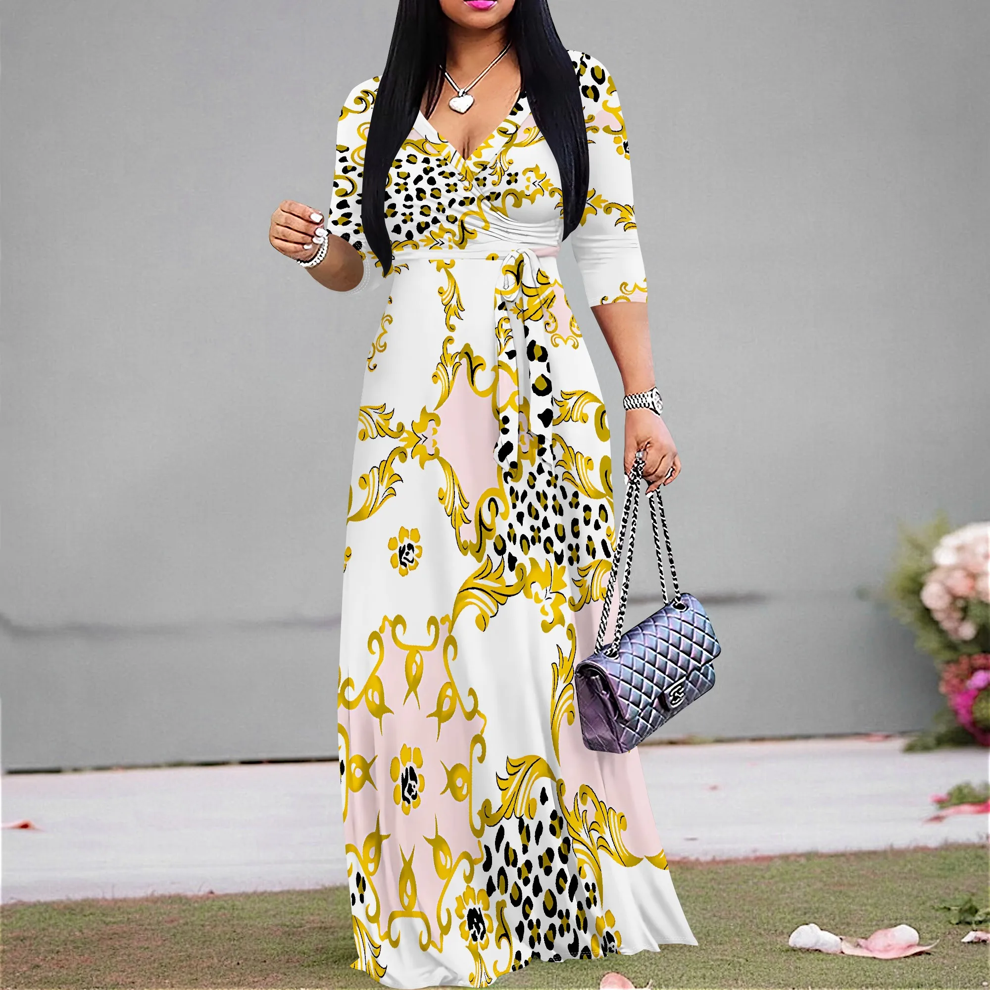 

Summer Fashion Printed Short Sleeve Maxi Dress for Women Short Sleeve Long Dress Cocktail Party Loose Casual Dresses