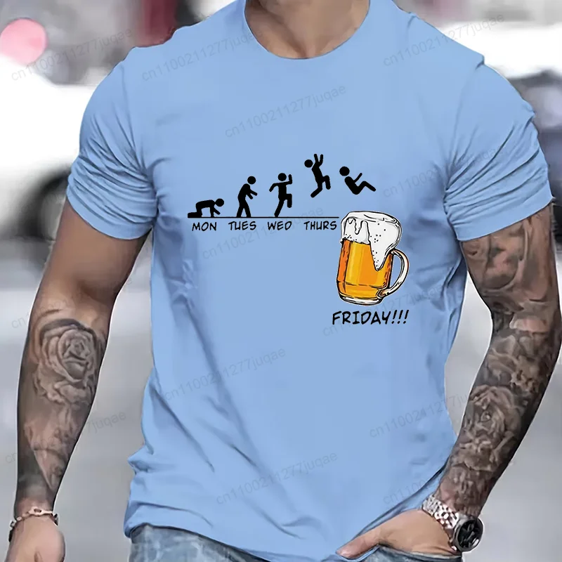 Summer Men's T-Shirts Casual Loose Size Tee Shirts Jumping in Beer Print Round Neck Short Sleeve T-shirt Top Funny Beer T-Shirts