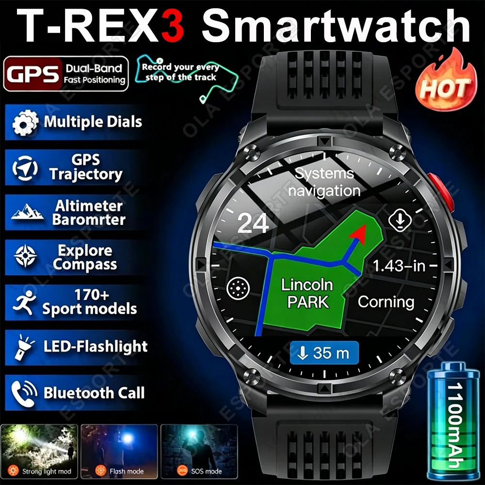 

New T-Rex3 Pro 1100mAh Battery Smart Watch GPS path 5ATM Waterproof Sports Run tracker Outdoors Compass Military Smartwatch HW12