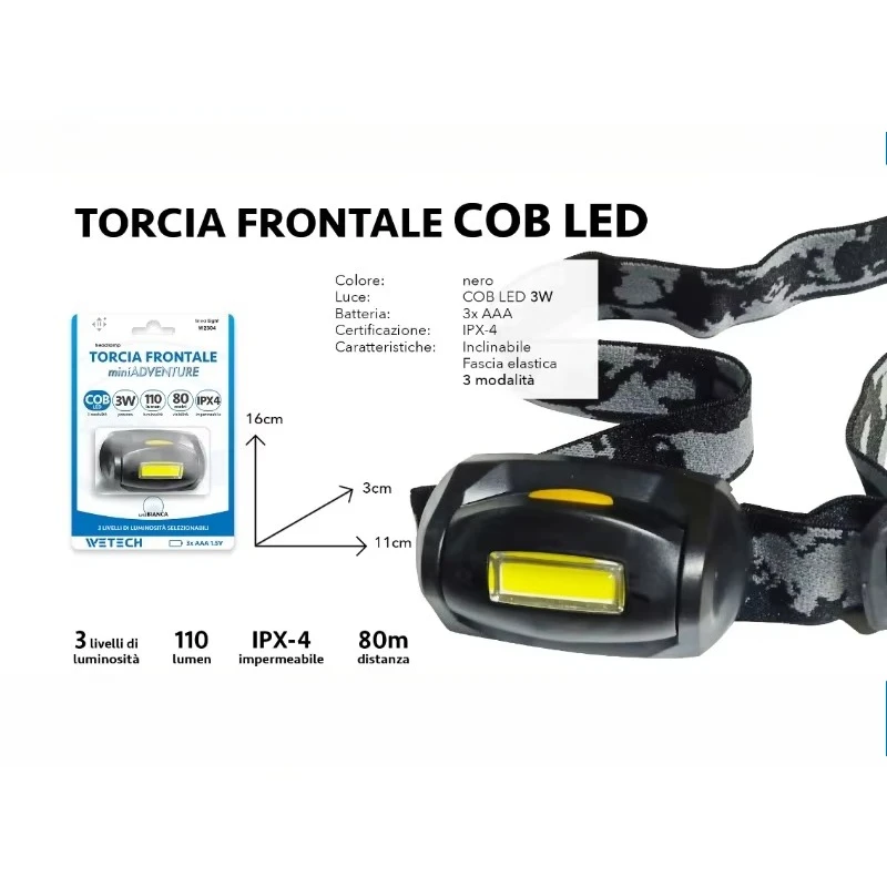 Lampada frontale a LED COB, 3W, 110 lumen, impermeabile IPX4, 3 modalità di illuminazione, fascia elastica regolabile, portata del fascio luminoso di 80 metri, ideale per campeggio, escursioni e