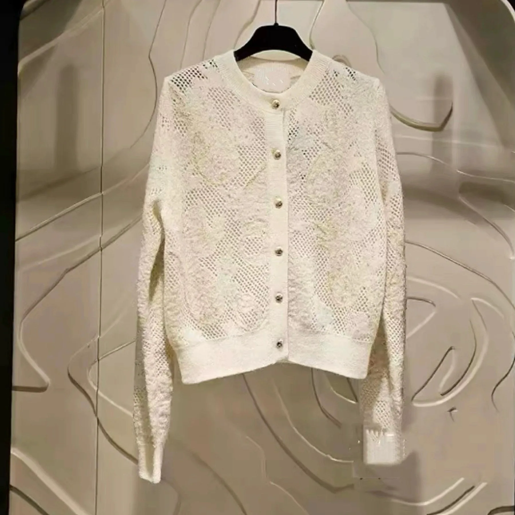 

Lemon Cheese LAN26 Spring Elegant Fashion round Neck Knitted Open Cardigan Hollow out Hand Sewn Beads Versatile Long Sleeve W...