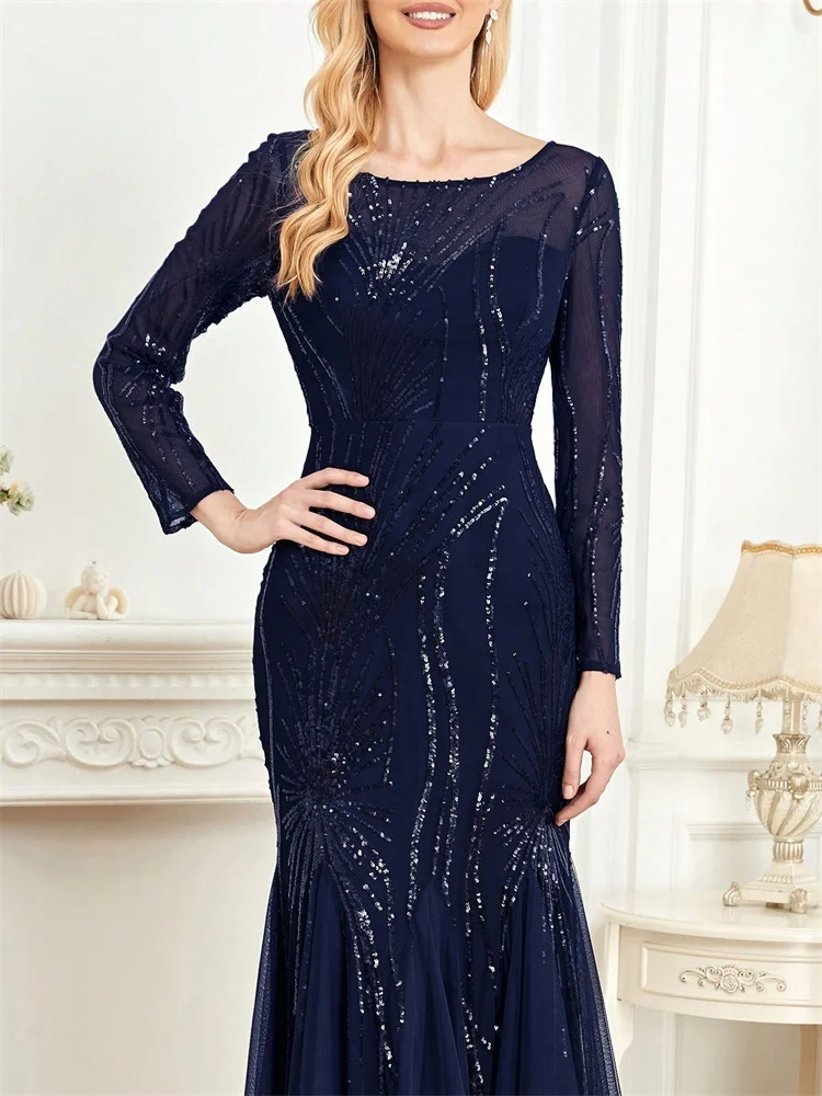 Элегантные вечерние платья из тюля с длинными рукавами и блестками, 2024, женское роскошное вечернее платье русалки для подружки невесты, платье макси для выпускного вечера