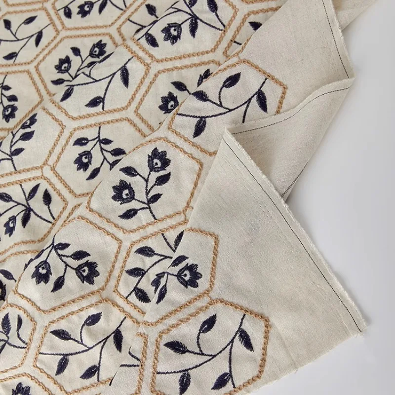 Linen Cotton Embroidered Fabric for Guochao Cheongsam Dresses Artisan DIY Designer Textile Phygital Oriental Fashion