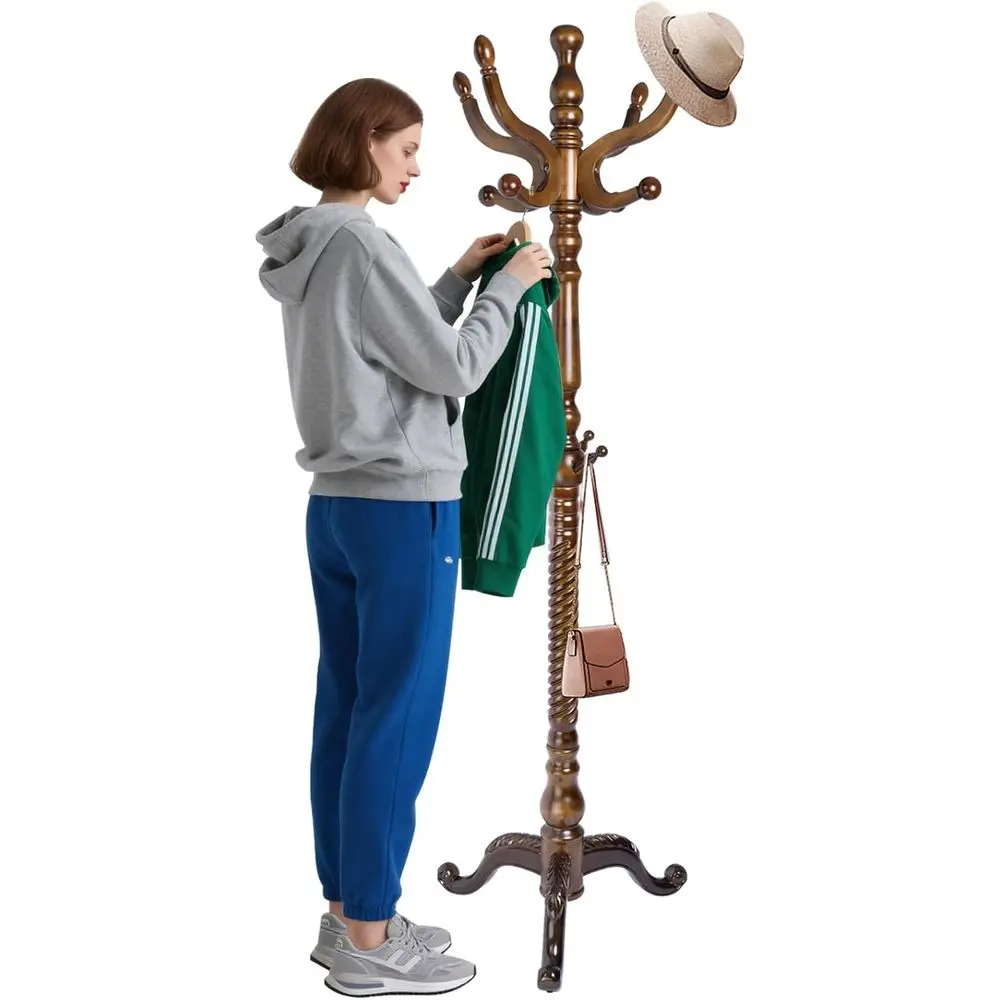 Freestanding Natural Wood Coat Stands with 14 Hooks, 73 Heavy Duty Adjustable Height Vintage Hall Tree for Entryway, Bedroom, Of