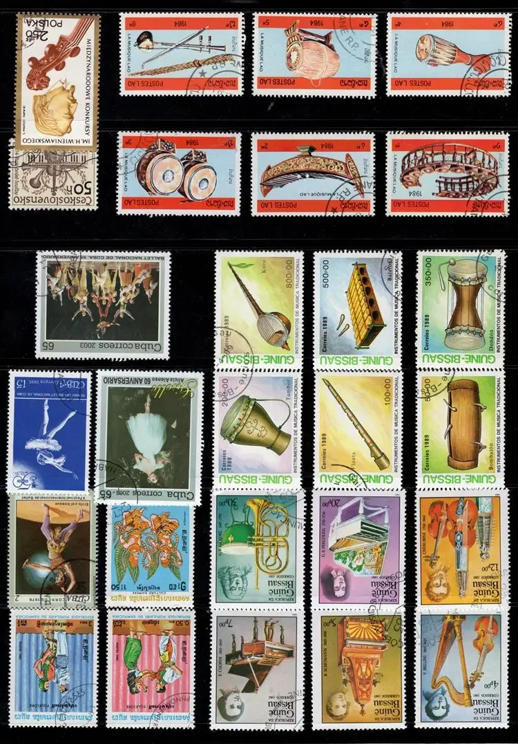 50Pcs/Lot Music Instruments Stamp Topic All Different From Many Countries NO Repeat Postage Stamps with Post Mark for Collecting