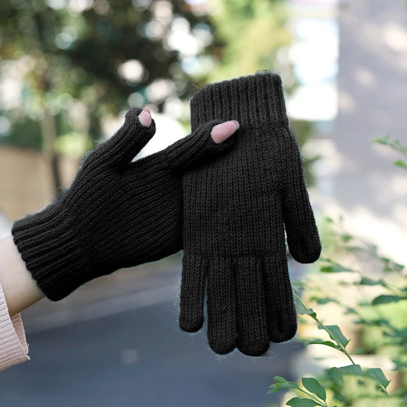 Women\'s Knitted Gloves Winter Full Finger Gloves Touch Screen Outdoor Winter Warm Thick Woolen Skiing Gloves Mittens Unisex