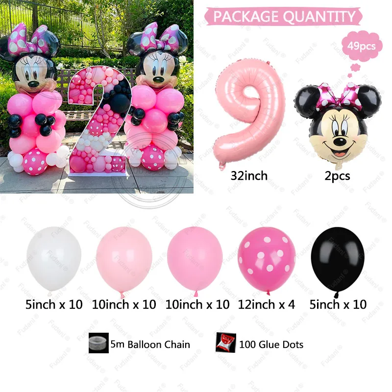 49Pcs Disney Mickey Minnie Mouse Balloons Tender Pink Number Foil Balloon For Kid Birthday Party Decor Baby Shower Supplies