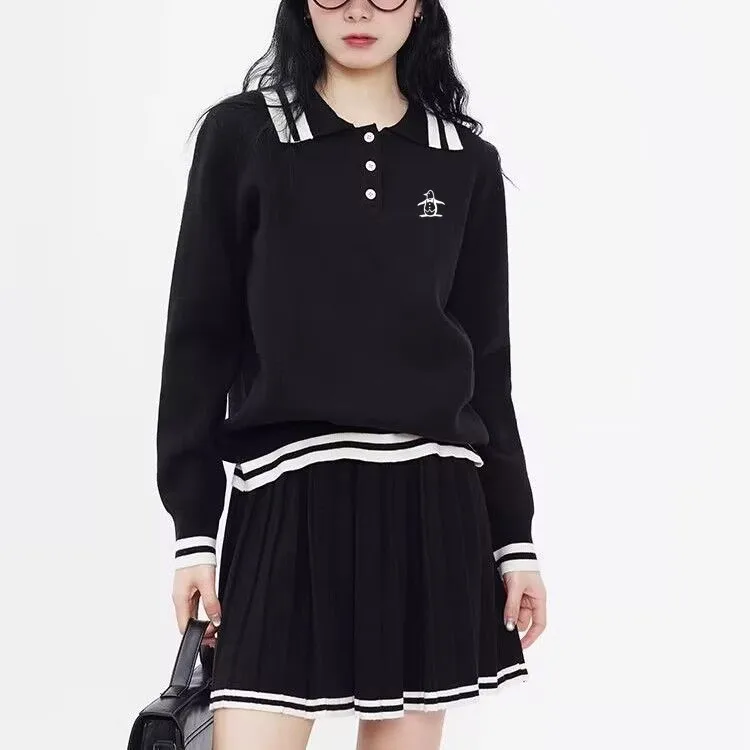 squirWomen\'s Golf Wear 2024 Autumn New Golf Set Korean Windproof Knitted Top Casual Women\'s Golf Skirt New Sweater Two Piece Set