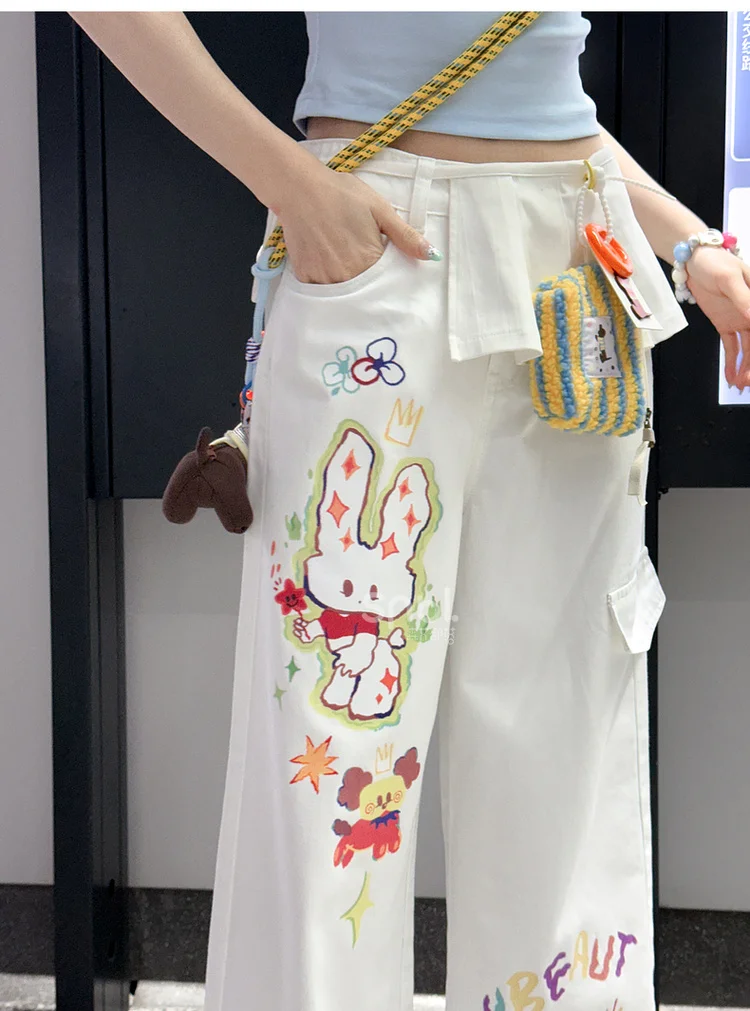 White Women's Jeans Cartoon Print High Waist Straight Jeans Wide Leg pant Loose Pocket Casual Pants Women 2025 New Summer