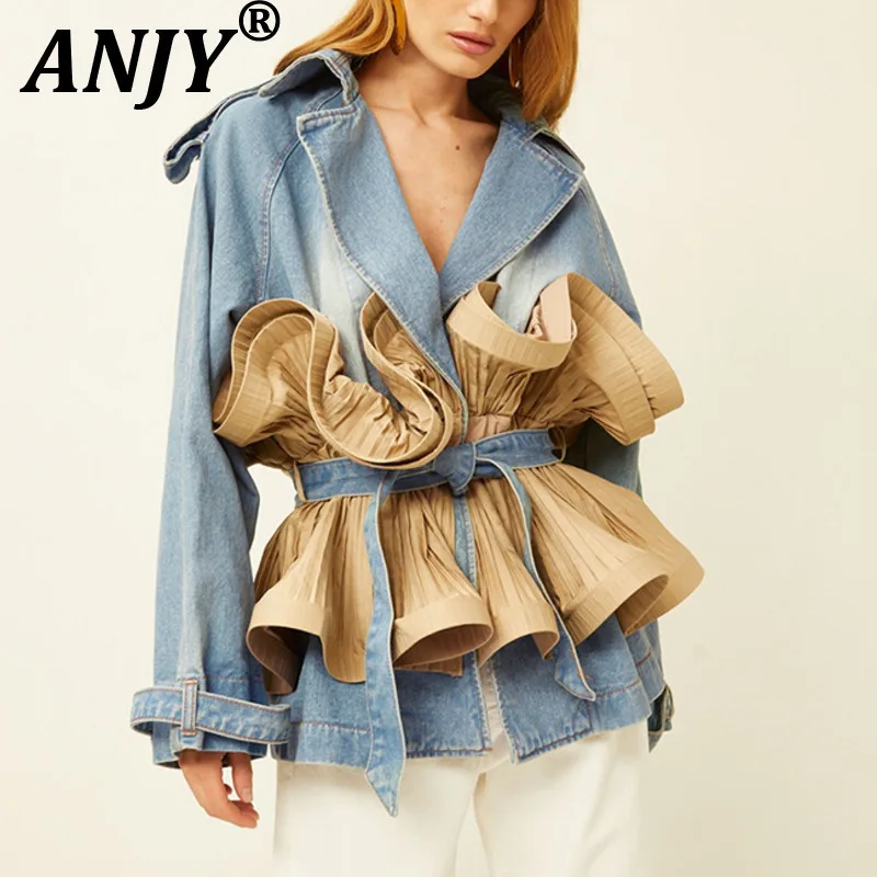 

ANJY, осенняя новая женская модная куртка с отложным воротником, джинсовое лоскутное пальто с оборками, плиссированное элегантное пальто контрастного цвета с поясом A9861