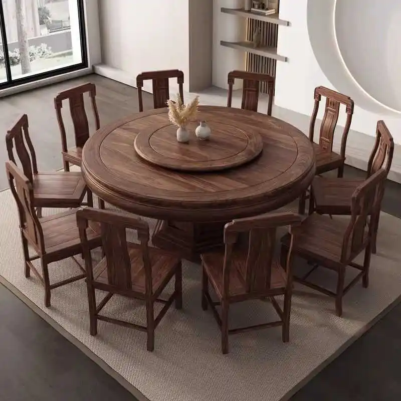 

New Chinese South American walnut dining table and chairs solid wood combination carved large round table turntable eating table